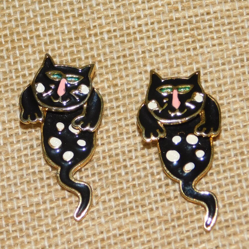 Kitty Cat Cloisonne Earrings Articulated Heads Feline